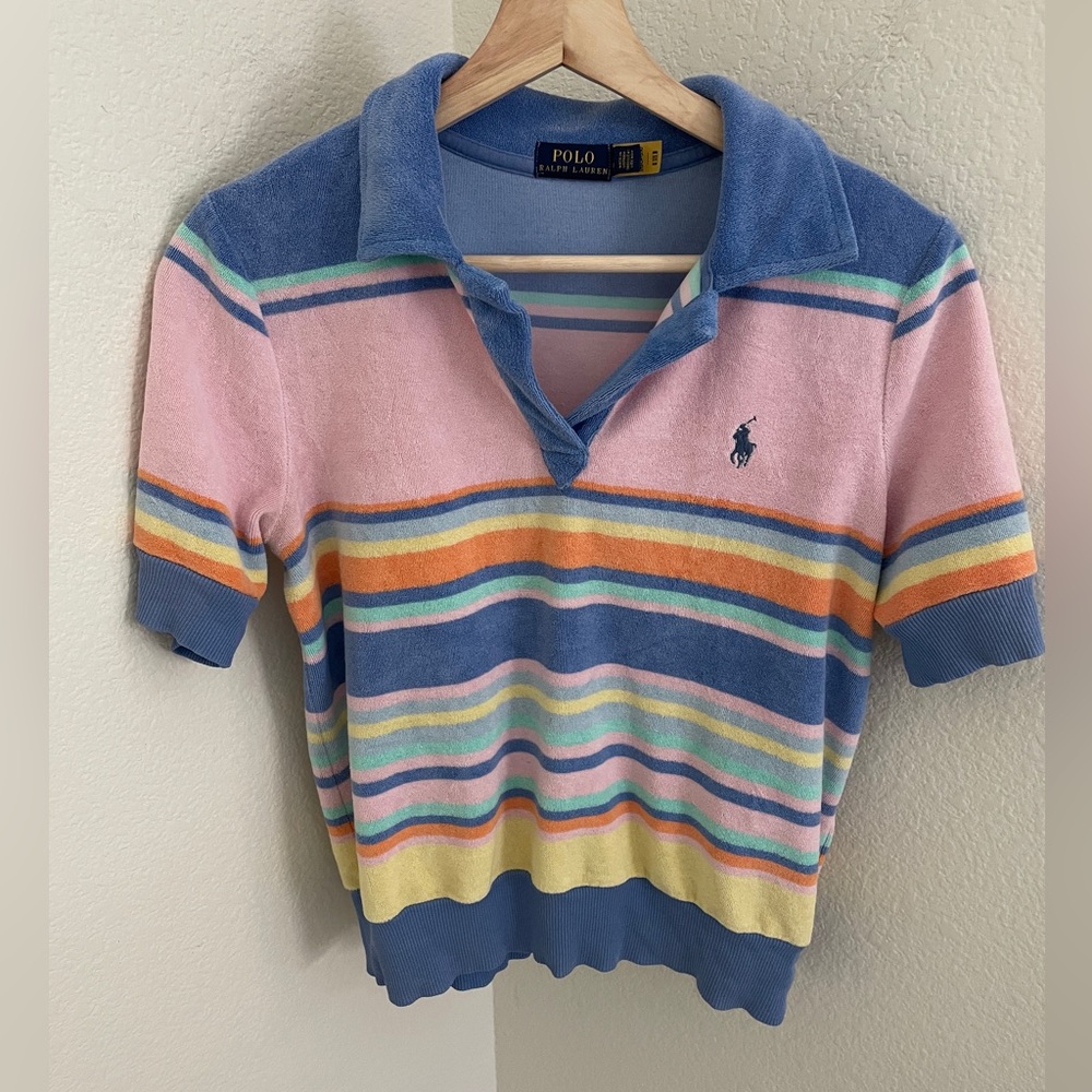 Polo by Ralph Lauren Short Sleeve Terry Polo in Pink, Blue, Yellow Stripes